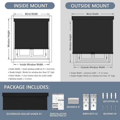 AOSKY Cordless Blackout Roller Shades, 71" W x 72" H, Black