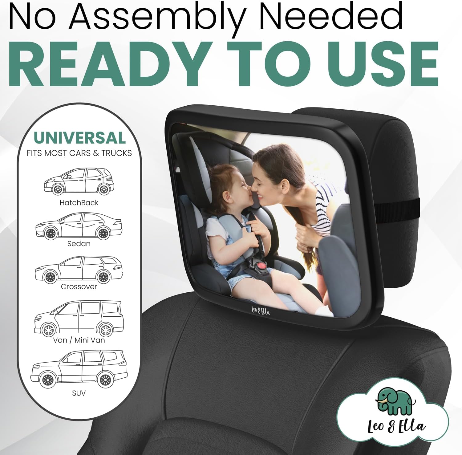 Leo&Ella Extra Large Car Mirror for Baby in Rear Facing Car Seat, Wide Crystal Clear View, 360° Adjustable Mount, Crash Tested and 100% Shatterproof, Fully Assembled