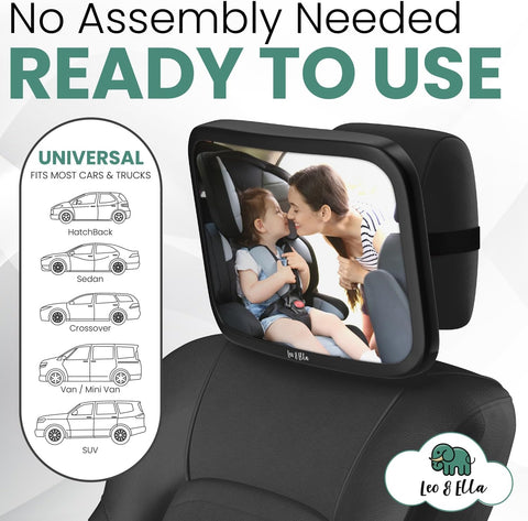 Leo&Ella Extra Large Car Mirror for Baby in Rear Facing Car Seat, Wide Crystal Clear View, 360° Adjustable Mount, Crash Tested and 100% Shatterproof, Fully Assembled
