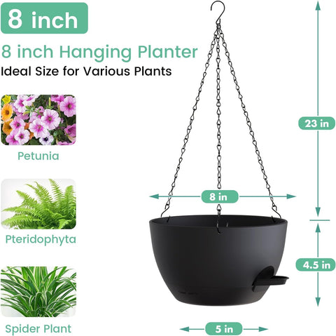UOUZ 4 Pack 8 Inch Self Watering Hanging Planters for Indoor Outdoor Plants，Hanging Pots for Plants with Drainage Removable Tray, Hanging Baskets Flower Pots for Ivy Pothos Spider Garden Porch Black