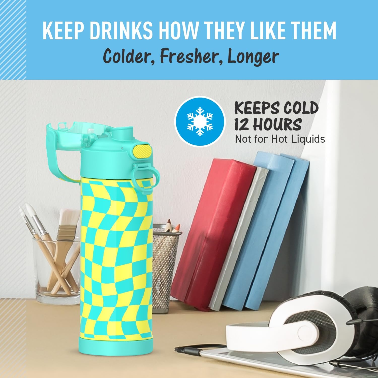 THERMOS FUNTAINER Water Bottle with Spout, 16oz, Wavy Checkers Teal