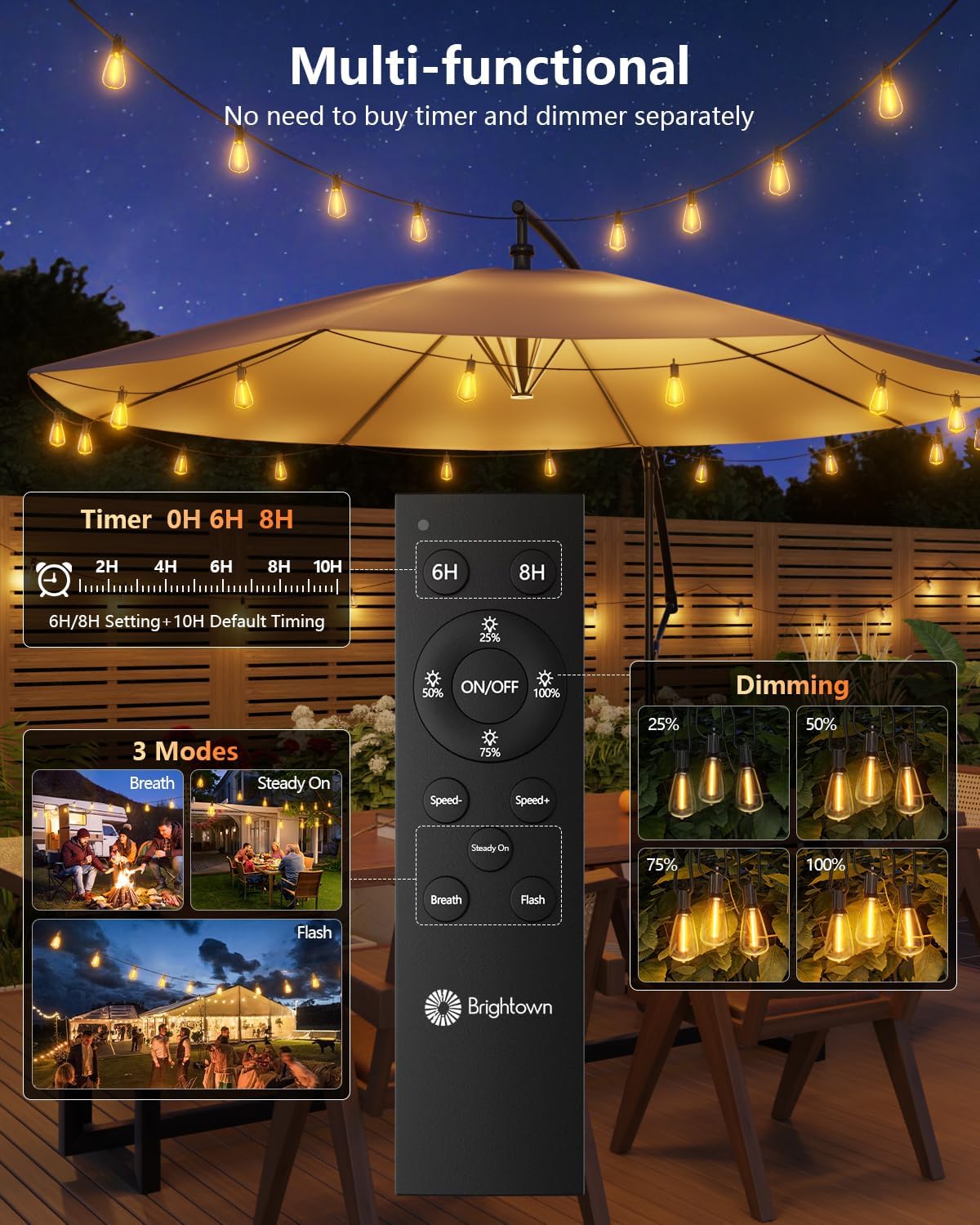 Brightown 202FT Solar String Lights Outdoor, 65+2 Shatterproof LED Lights
