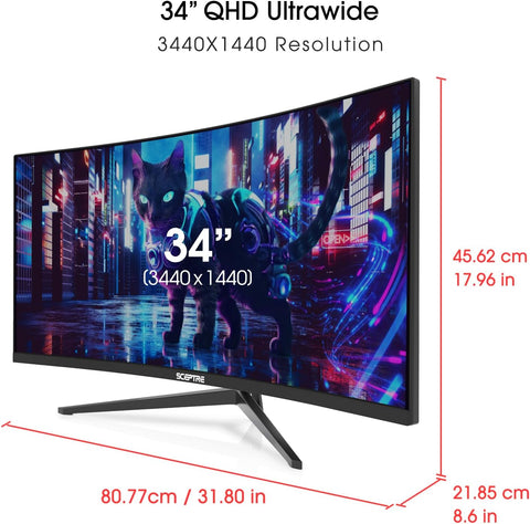 Sceptre 34-Inch Curved Ultrawide WQHD Monitor, 3440 x 1440, R1500, Up to 180Hz/165Hz, DisplayPort x2, 100% sRGB, 1ms, Built-in Speakers, Black (C345B-QUT168 Series)