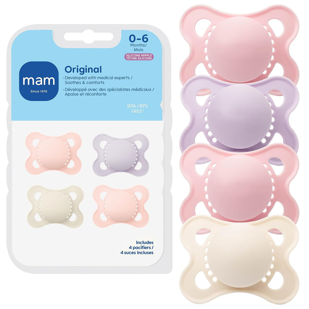 MAM Original Baby Pacifier 0-6 Mths, Skin Soft Silicone Nipple, 4 Pack