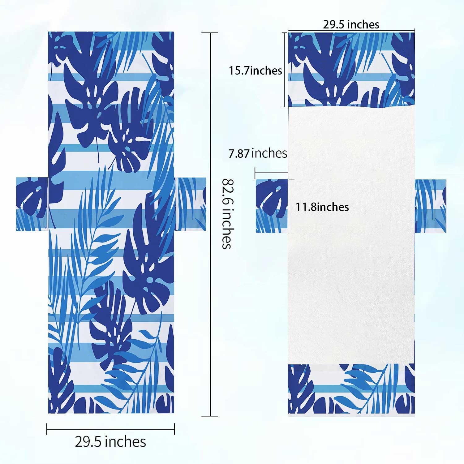 Mrcrypos Lounge Chair Towel Cover,Navy Blue Art Summer Tropical Leaves Striped Chaise Lounge Cushion Cover,Beach Chair Covers with Pockets Pack of 2 for Pool Garden Outdoor Trips,82.6"X29.5"