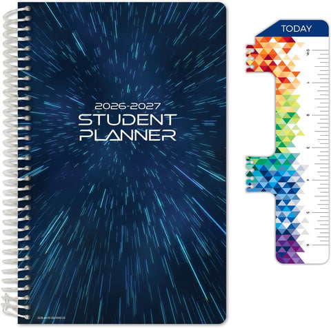 Global Datebooks 2026-2027 Middle & High School Student Planner 5.5" x 8.5" - Dated Weekly & Monthly Academic Planner with Ruler/Bookmark & Stickers, Ideal for Homework, Block Style, Galaxy
