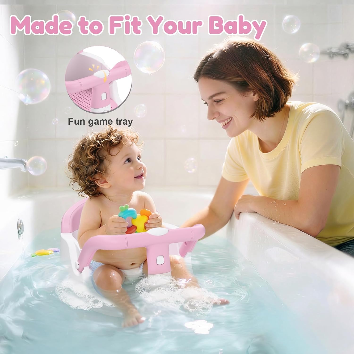 Baby Bath Seat for Babies 6 Months & Up Sitting Up with Suction Cups, Pink