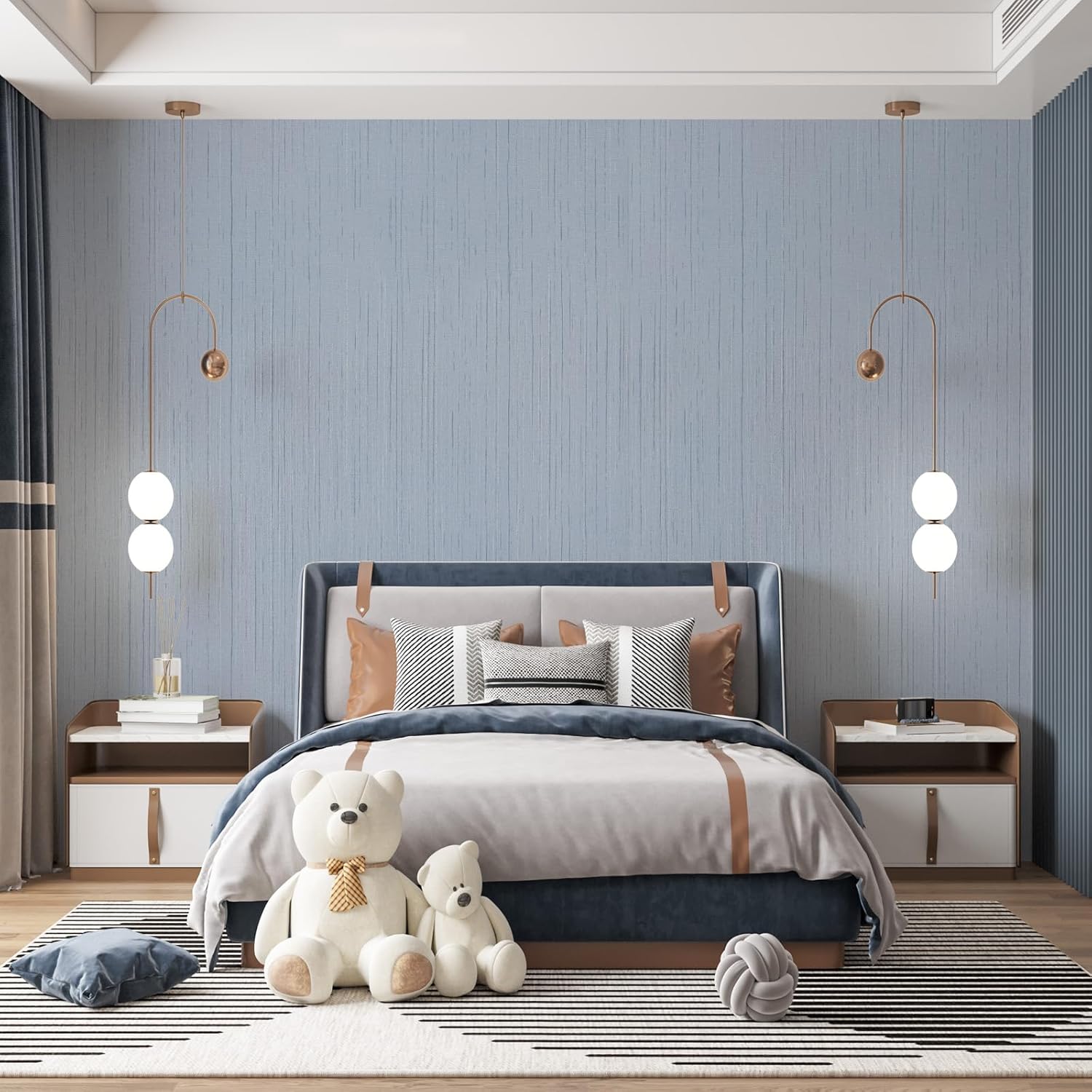 Light Blue Peel and Stick Grasscloth Texture Wallpaper 15.7"x120" Vintage Wallpaper Removable Waterproof
