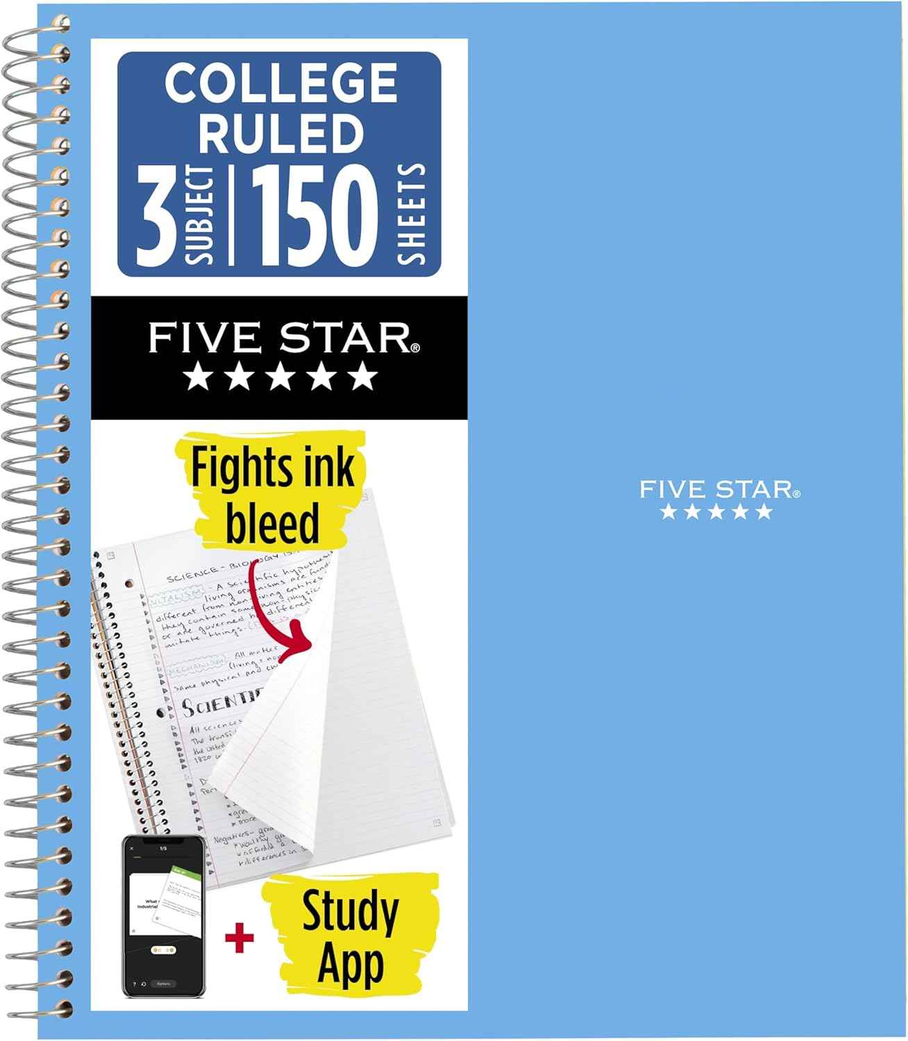 Five Star Spiral Notebook + Study App, 3 Subject, College Ruled Paper, 8.5" x 11", 150 Sheets, Blue (Color May Vary) (820003NH0)