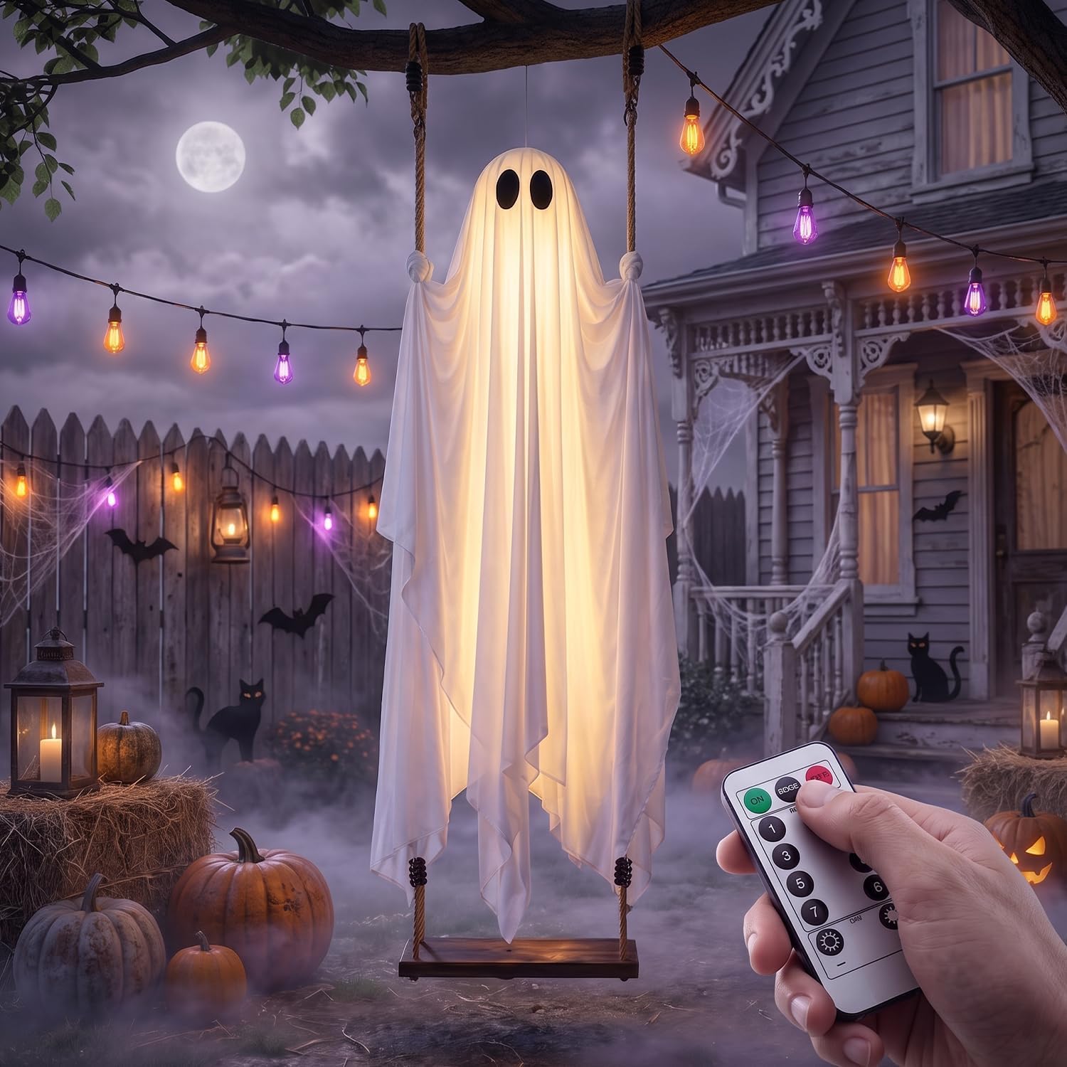 Outdoor Halloween Decorations, 5FT Swinging Ghost Outdoor Decor with Light