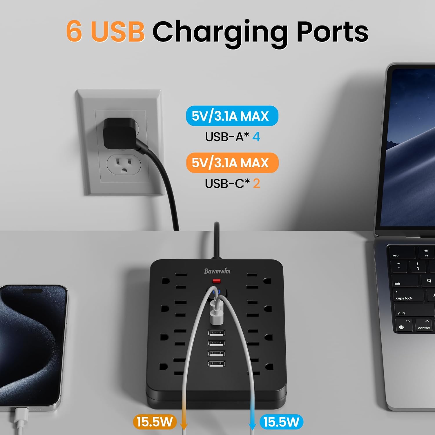 Surge Protector Power Strip, 8 Outlets(1850W/15A/14AWG), 6 USB Charging Ports(2 USB C), 6FT Flat Plug Extension Cord Outlet Extender with Overload Protection, ETL Certified for Office