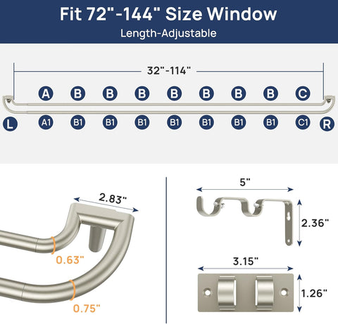 ENJOYBASICS 72-144" Double Curtain Rod for Blackout, Quick Release, Nickel