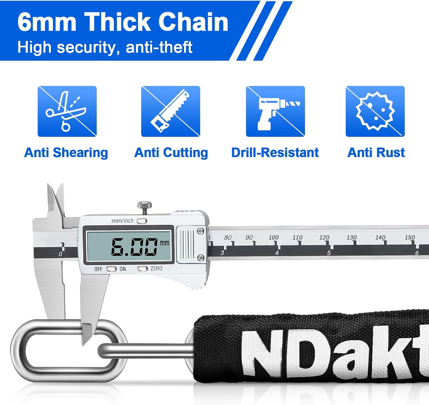 NDakter Bike Lock, 5 Digit Combination Heavy Duty Anti Theft Bicycle Chain Lock, 2.62/3.2/4.27/5/6Ft Long, High Security Resettable, Suitable for Bike, Scooter, Door, Gate, Fence-4/6mm Thick