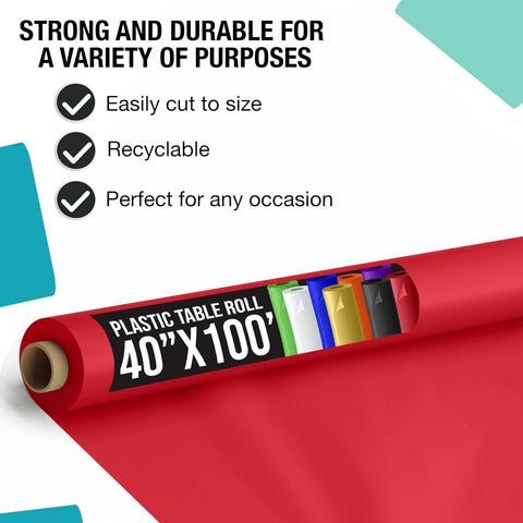 Exquisite Party Solids Red Plastic Table Cover Roll 40" X 100' Table Cloth Plastic Cover Roll - Premium Quality Thick 0.5 MIL Banquet Rolls - Disposable Tablecloth Rolls