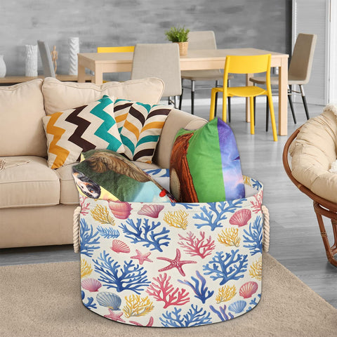 Ioracida Beach Theme Round Storage Basket, Blanket Basket for Living Room, 19.4" x 13.3" Starfish Seashell Coral Coastal Baskets for Home Toy Closet Towels Pillows Clothes, Laundry Basket with Handles