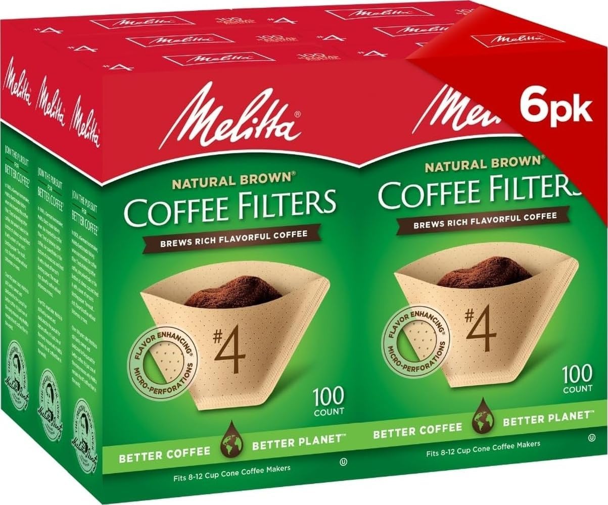Melitta #4 Unbleached Coffee Filters, Natural Brown Cone Filters, 6-Pack