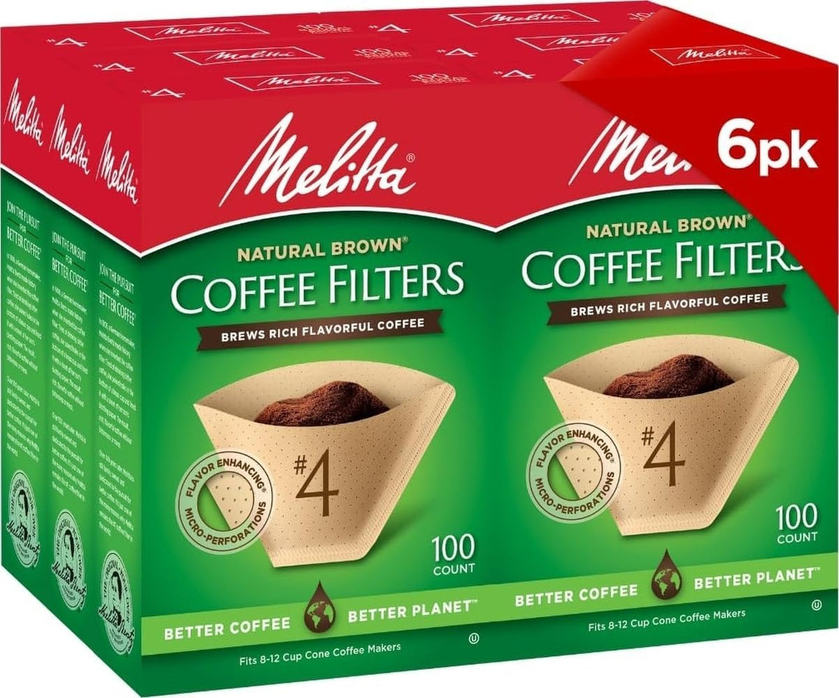 Melitta #4 Unbleached Coffee Filters, Natural Brown Cone Filters, 6-Pack