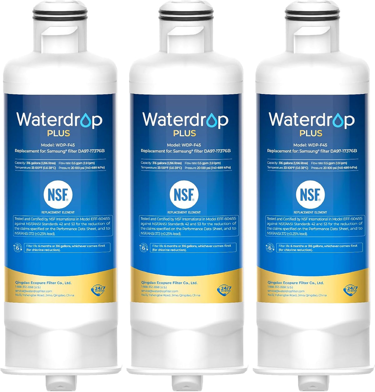 Waterdrop Plus WDP-F45 Water Filter NSF/ANSI 401&53&372 Certified, 3 Pack