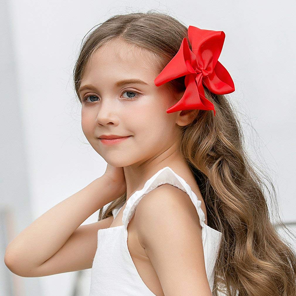 DEEKA 2 PCS 6" Big Hand-made Grosgrain Ribbon Solid Color Hair Bows Alligator Clips Hair Accessories for Little Teen Toddler Girls Kids Set of 2 -Red