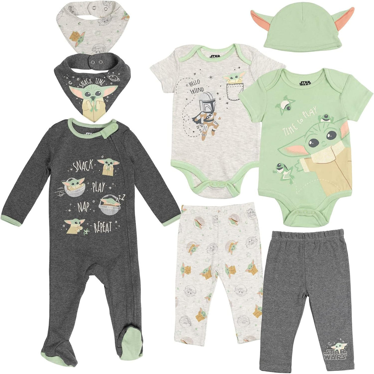 STAR WARS The Child Baby Bodysuits Sleep N' Play Coverall Pants Hat and Bibs 8 Piece Outfit Set Newborn to Infant