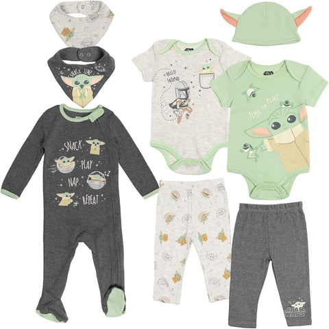STAR WARS The Child Baby Bodysuits Sleep N' Play Coverall Pants Hat and Bibs 8 Piece Outfit Set Newborn to Infant