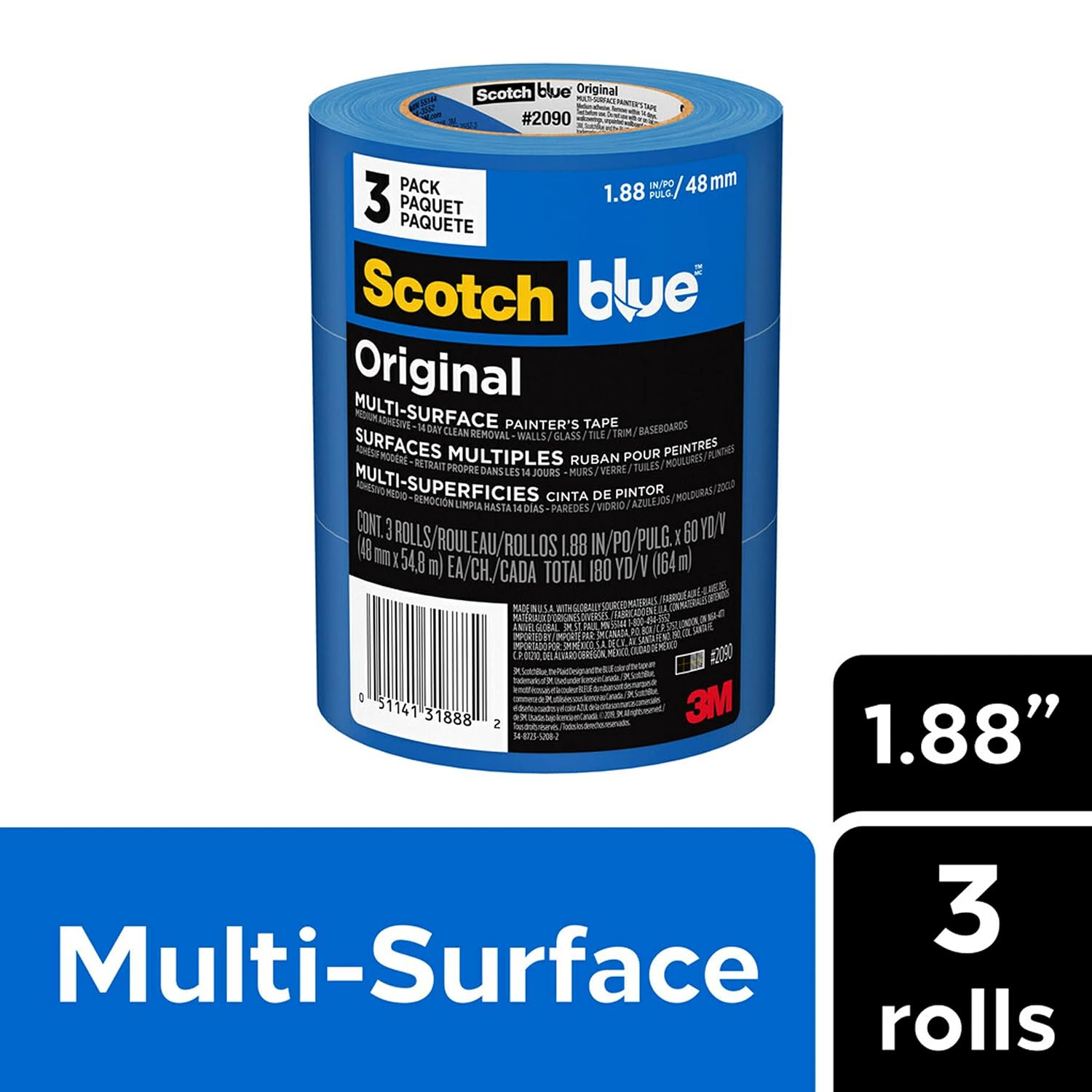 ScotchBlue Original Multi-Surface Painter's Tape 2 Inch Wide, 3 Rolls