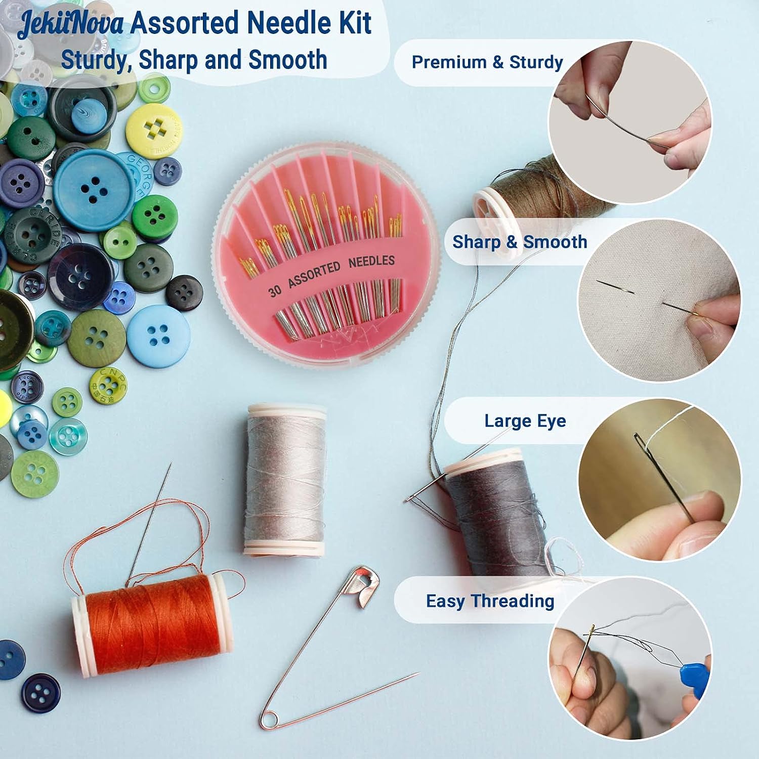 30 Pack Premium Hand Sewing Needles, 6 Sizes Assorted Sewing Needles