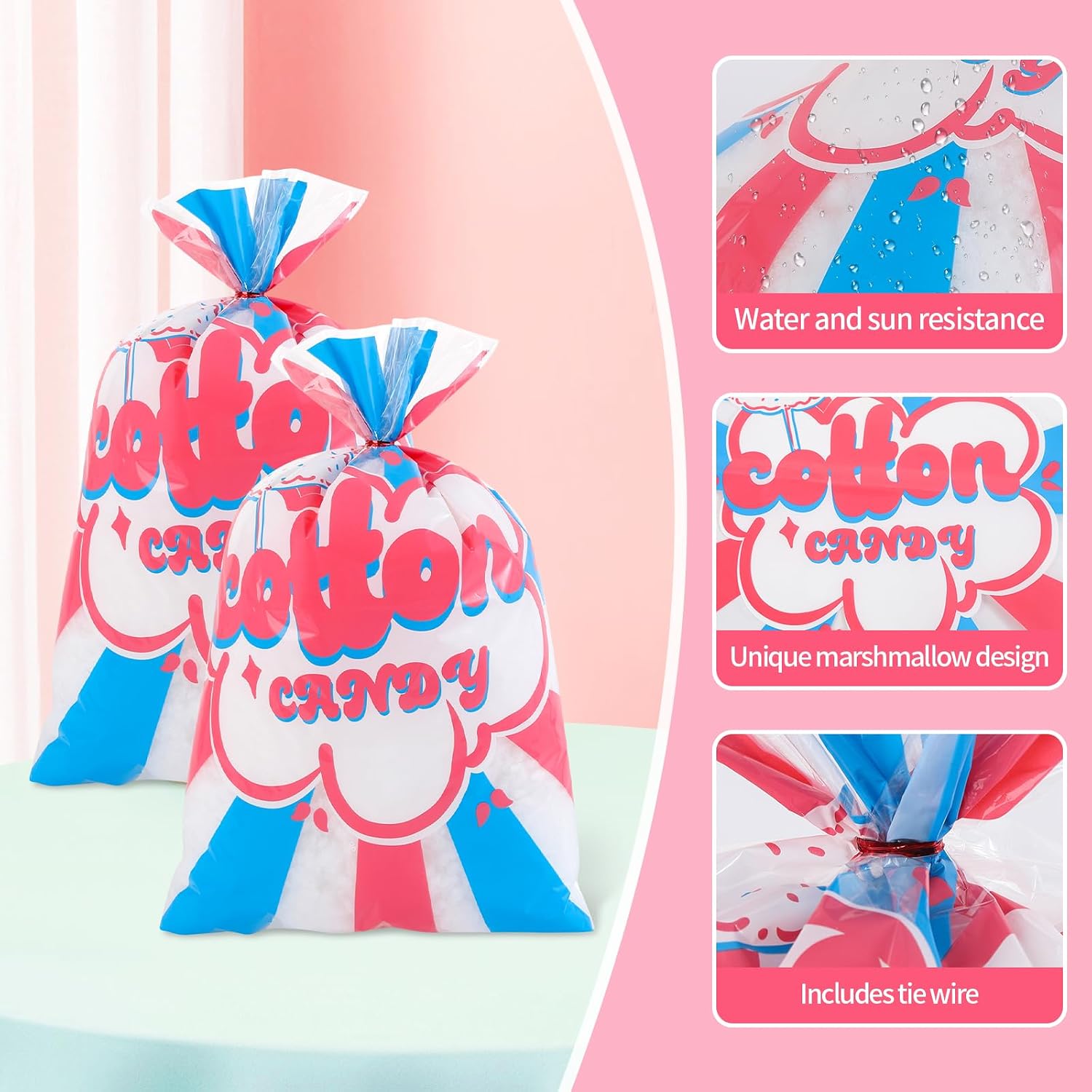 50 Pcs Cotton Candy Bags with Ties, 14" x 20" Clear Printed Bags