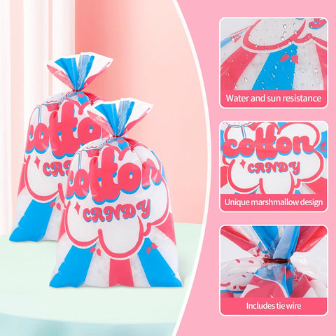 25 Pcs Cotton Candy Bags with Ties, 12" x 18" Clear Printed Bags