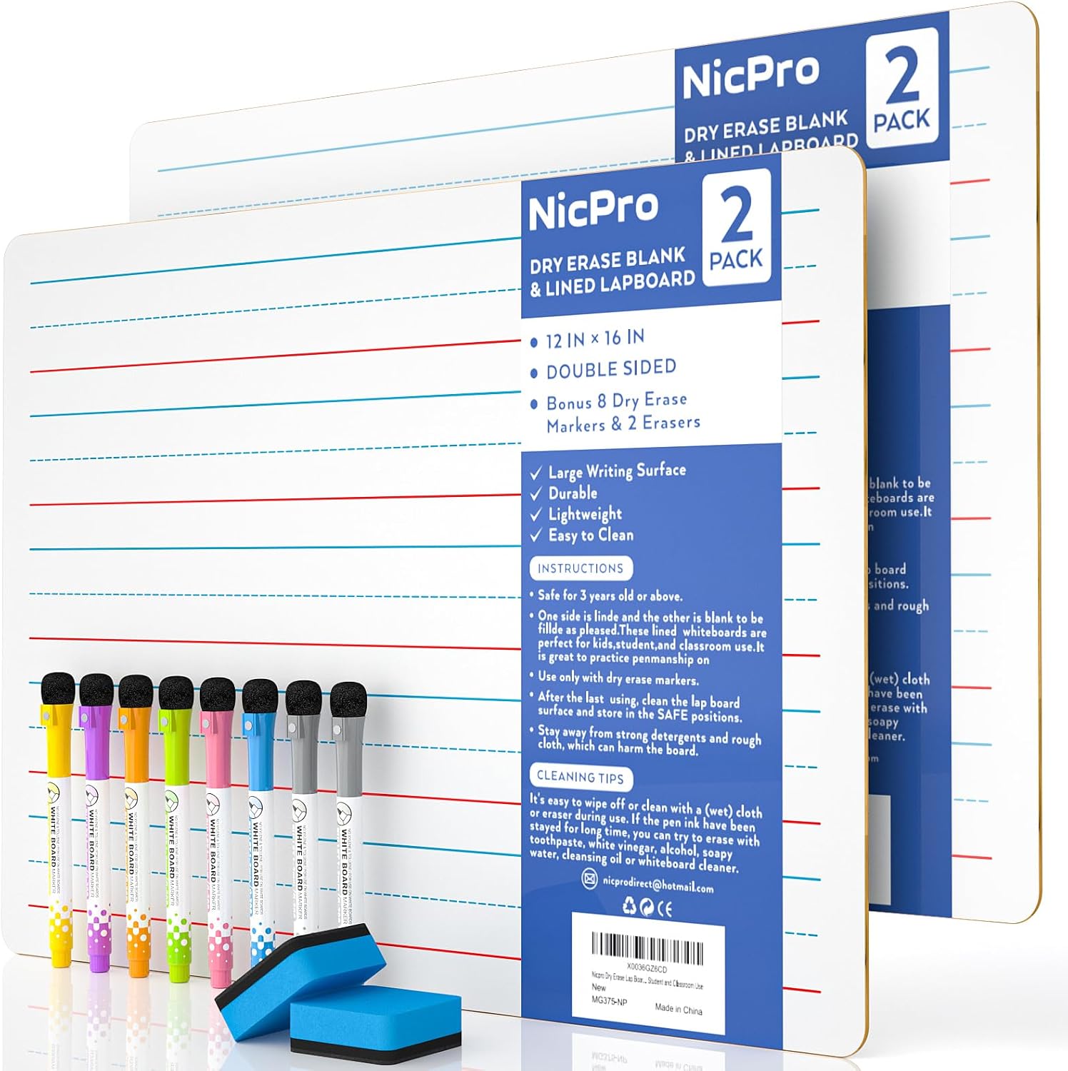 Nicpro Dry Erase Board with Lines 12 x 16 in, 2 Pack Kid Double Sided Lined