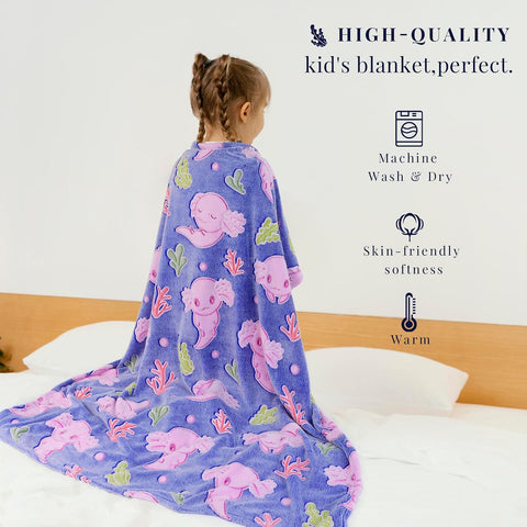 Axolotl Blanket Gifts for Girls, Glow in the Dark Blankets for Girls, Axolotl Toys Room Birthday Decoration, Soft Plush Fleece Toddler Blanket for Travel Daycare, 40x60 Inches
