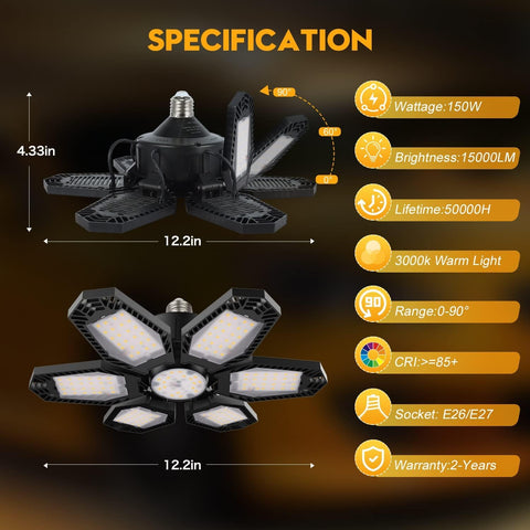 TANBABY 2 Pack Warm Garage Lights, Deformable Ceiling Light, 12000LM 3000K