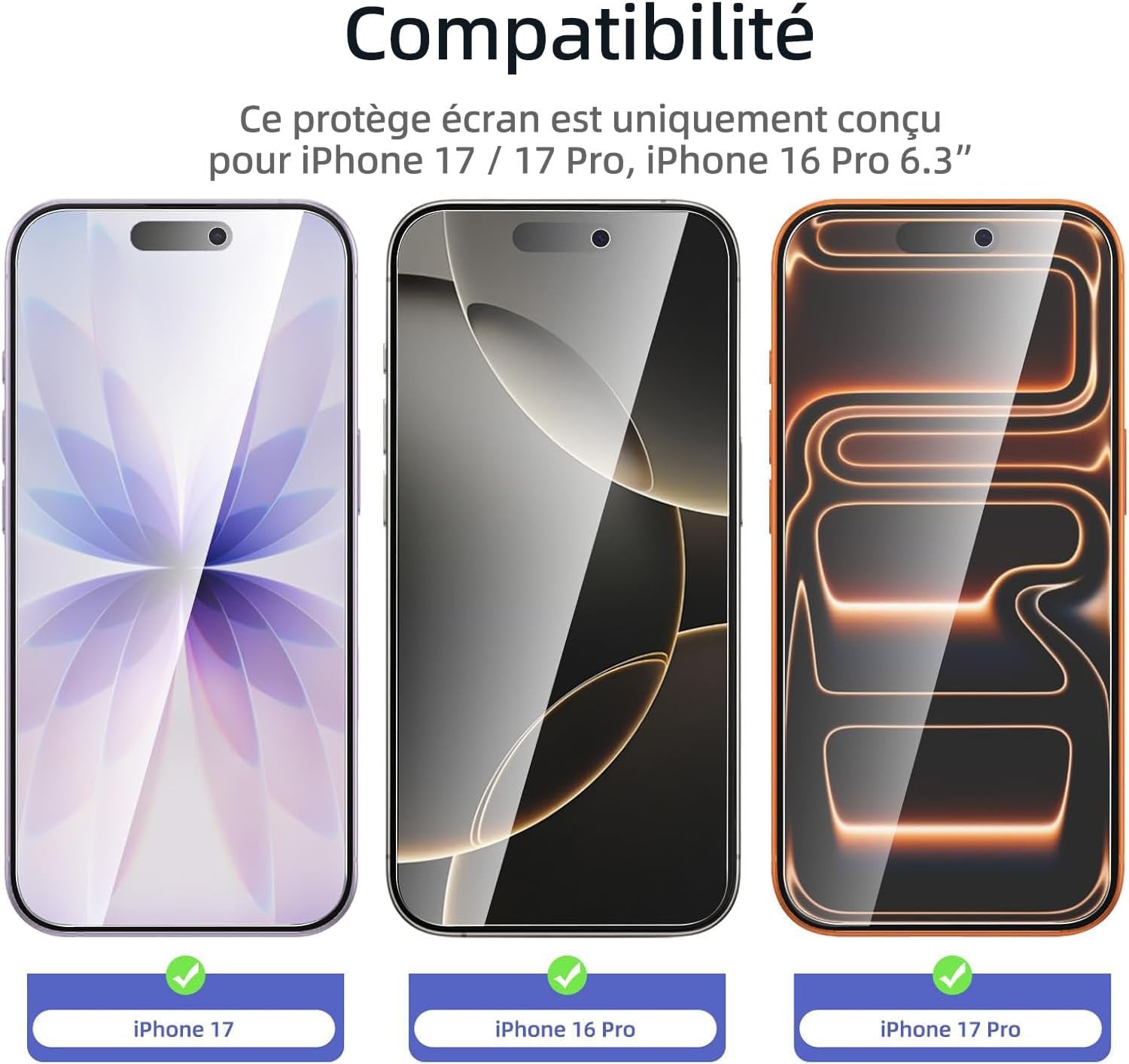 NEW'C 3 Pack Designed for iPhone 16 Pro, iPhone 17, 17 Pro Screen Protector (6.3 inches), Enhanced Tempered Glass Protection with easy installation tool included, Case Friendly
