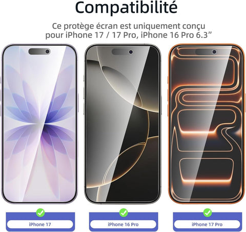 NEW'C 3 Pack Designed for iPhone 16 Pro, iPhone 17, 17 Pro Screen Protector (6.3 inches), Enhanced Tempered Glass Protection with easy installation tool included, Case Friendly