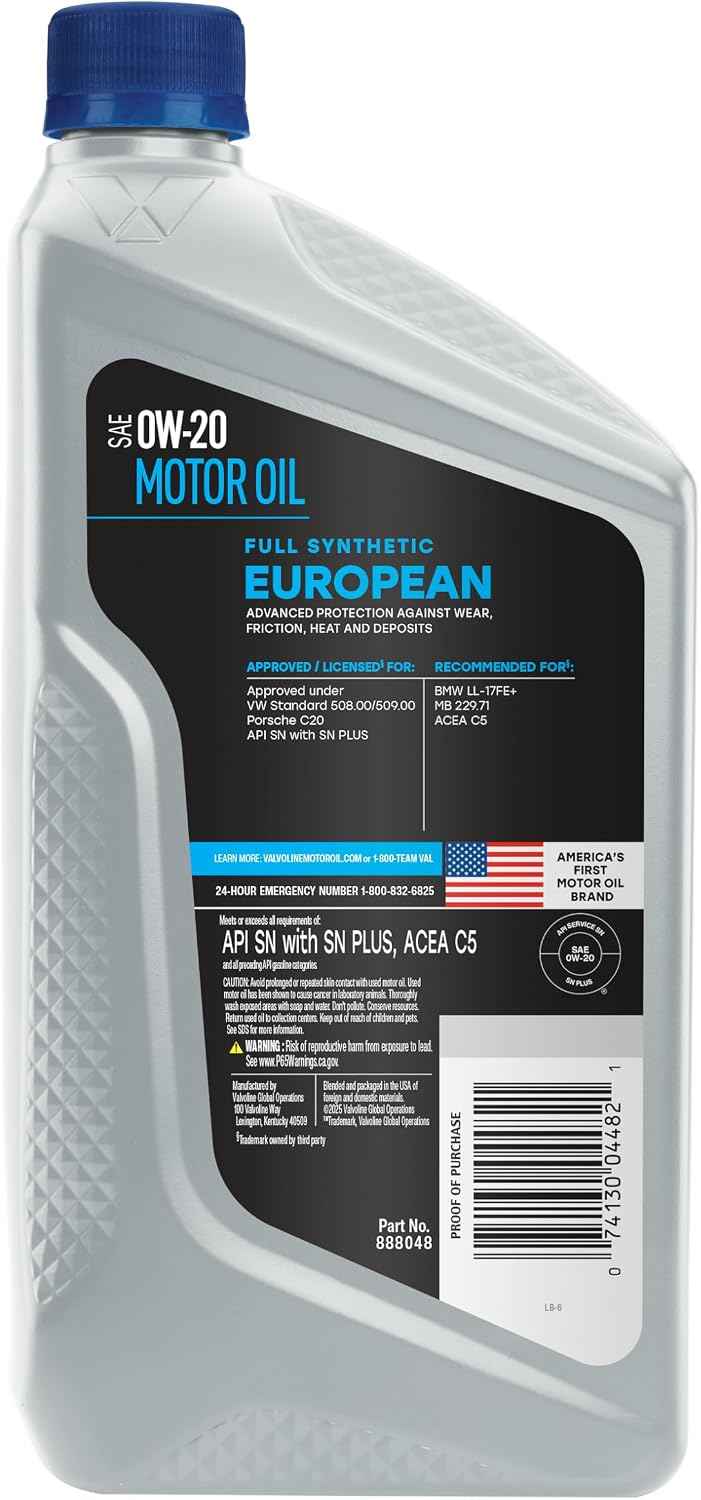 Valvoline European Vehicle Full Synthetic SAE 0W-20 Motor Oil 1 QT, Case of 6