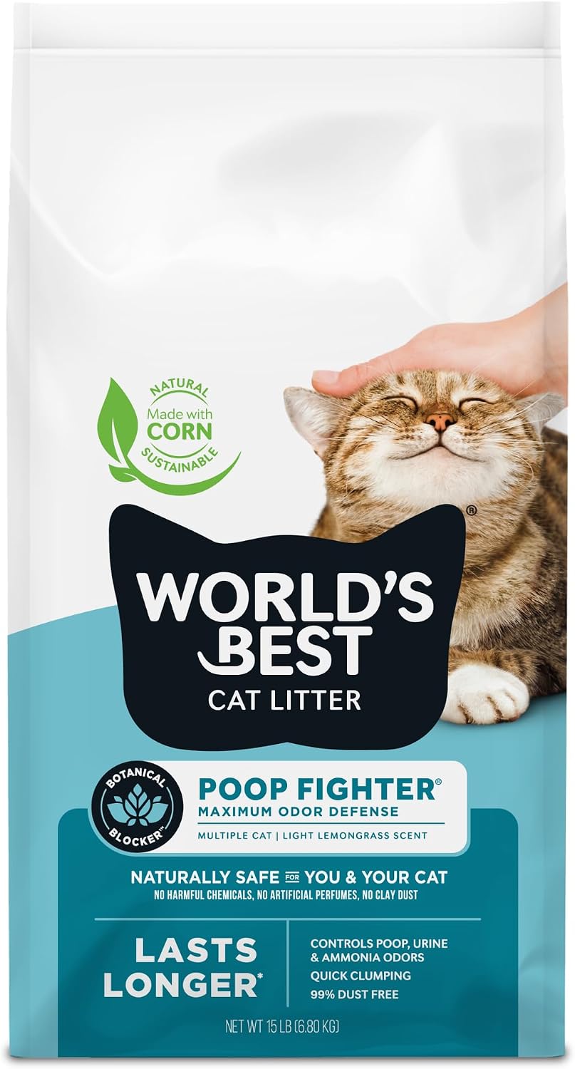 World's Best Cat Litter Poop Fighter, Urine & Poop Odor Defense, 15 lb Bag