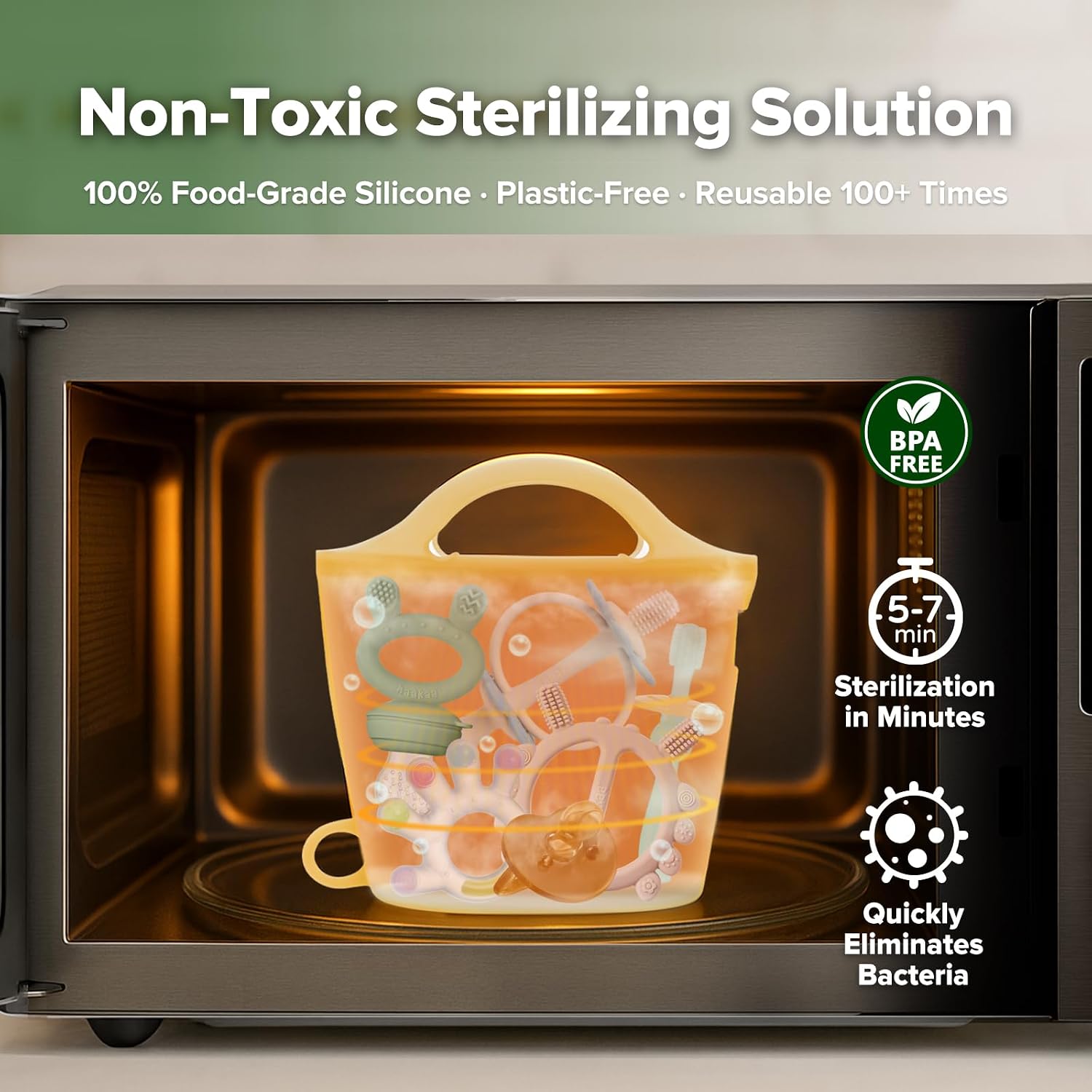 Haakaa Silicone Travel Microwave Steamer & Steriliser Bag, 30oz/900mlReusable Silicone Steaming Bags for Baby Small Items, Pacifiers, Teethers or Baby Cups, Great for Home and On-The-Go,Pineapple/1PC