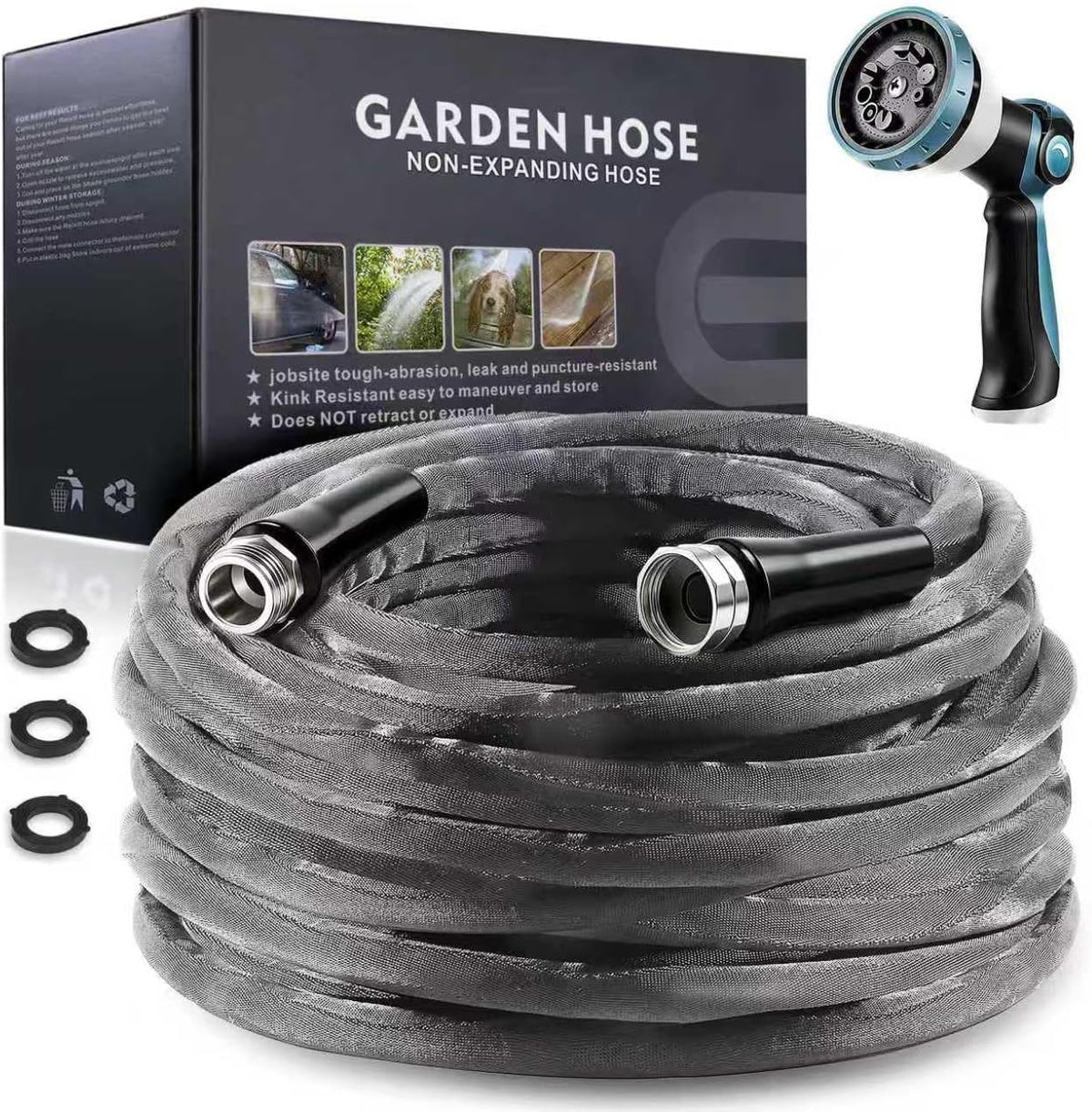 Non-Expandable Garden Hose 25feet, with 10 Function Hose Nozzle, Tough & Flexible, Lightweight, Crush Resistant Fittings, Kink & Tangle Free, Rust Proof