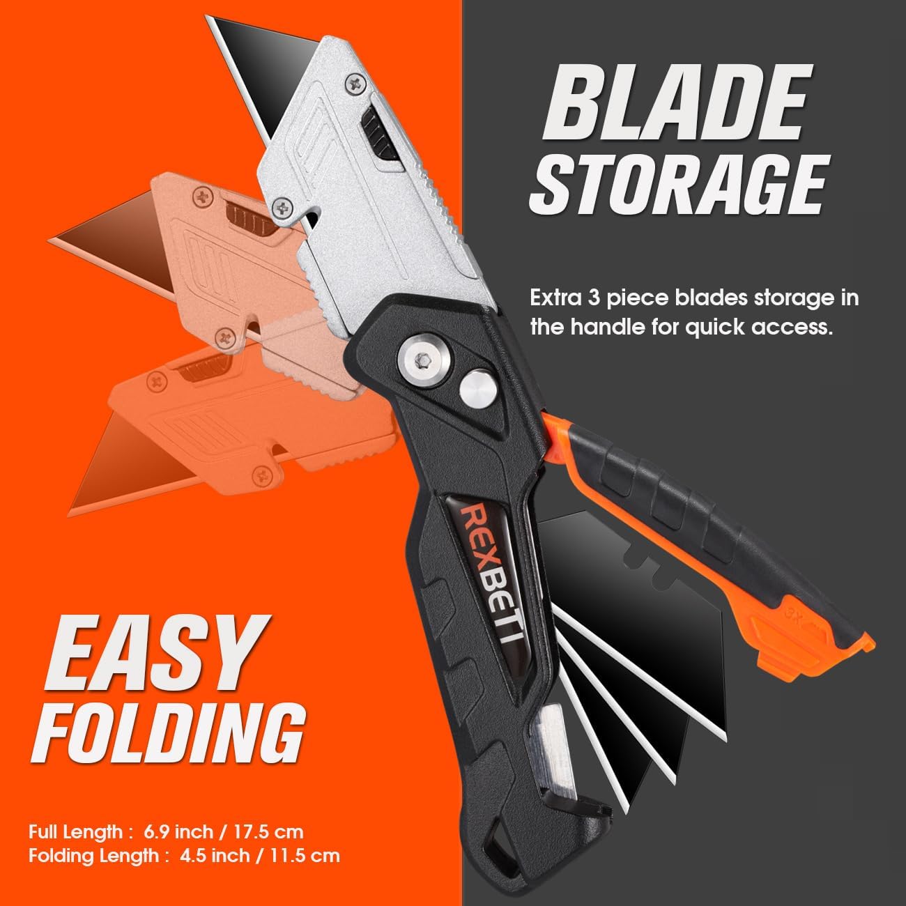 REXBETI Box Cutter 2-Pack, Utility Knife with Blade Storage, 18 Blades