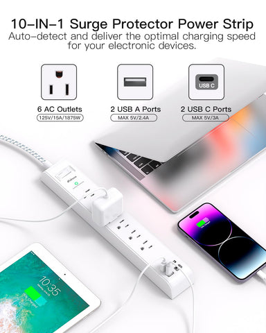 Surge Protector Power Strip 10 ft with 4 USB Ports 2 USB-C 6 AC Outlets, Flat Plug Extension Cord, USB Charging Station, Wall Mountable for Home, Office, Dorm Essentials, 1080J, ETL Listed