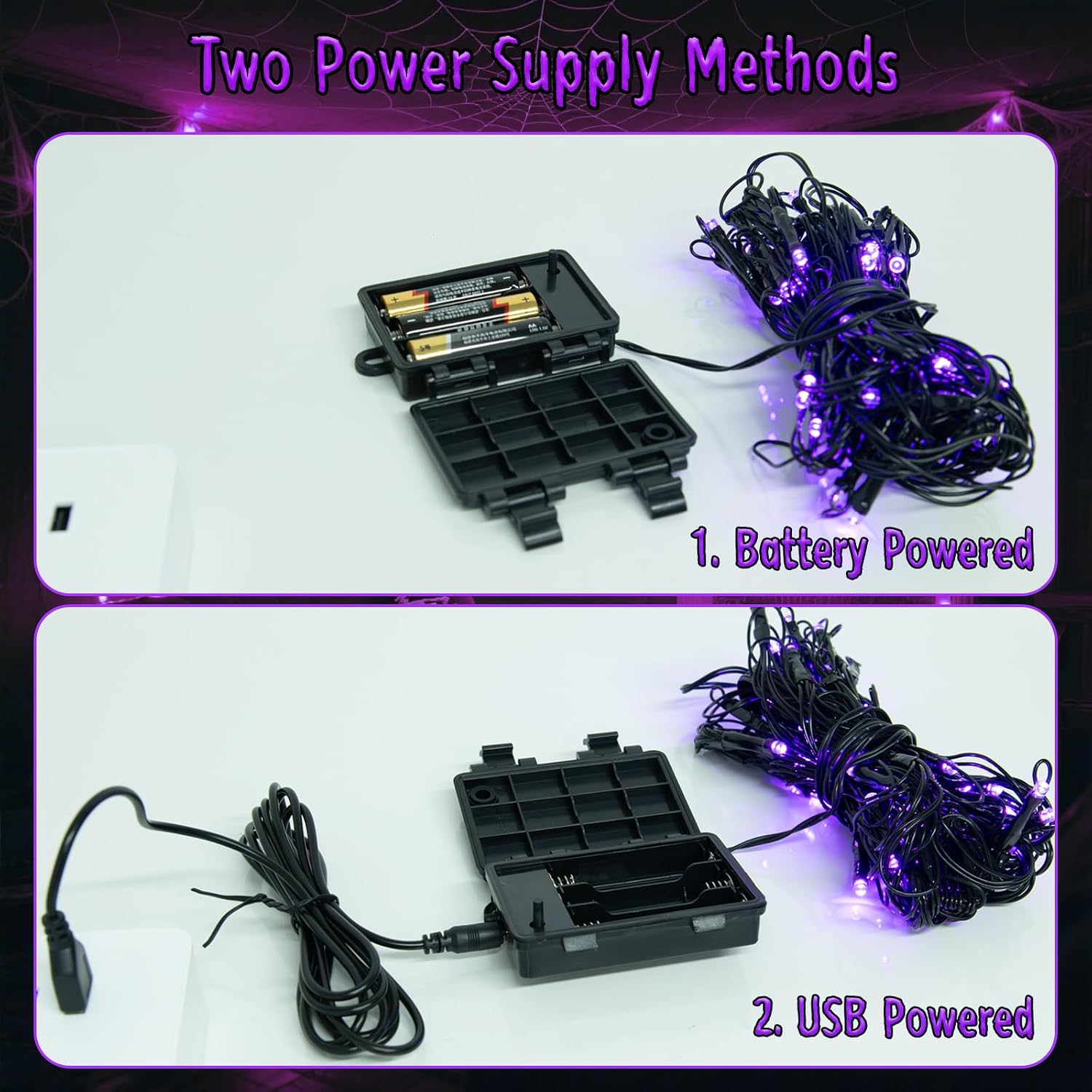 Halloween Decorations Spider Web Lights 6FT 60LED Battery Operated/USB Powered with Black Spider with Timer 8 Modes Indoor Outdoor for Halloween Decor, Purple