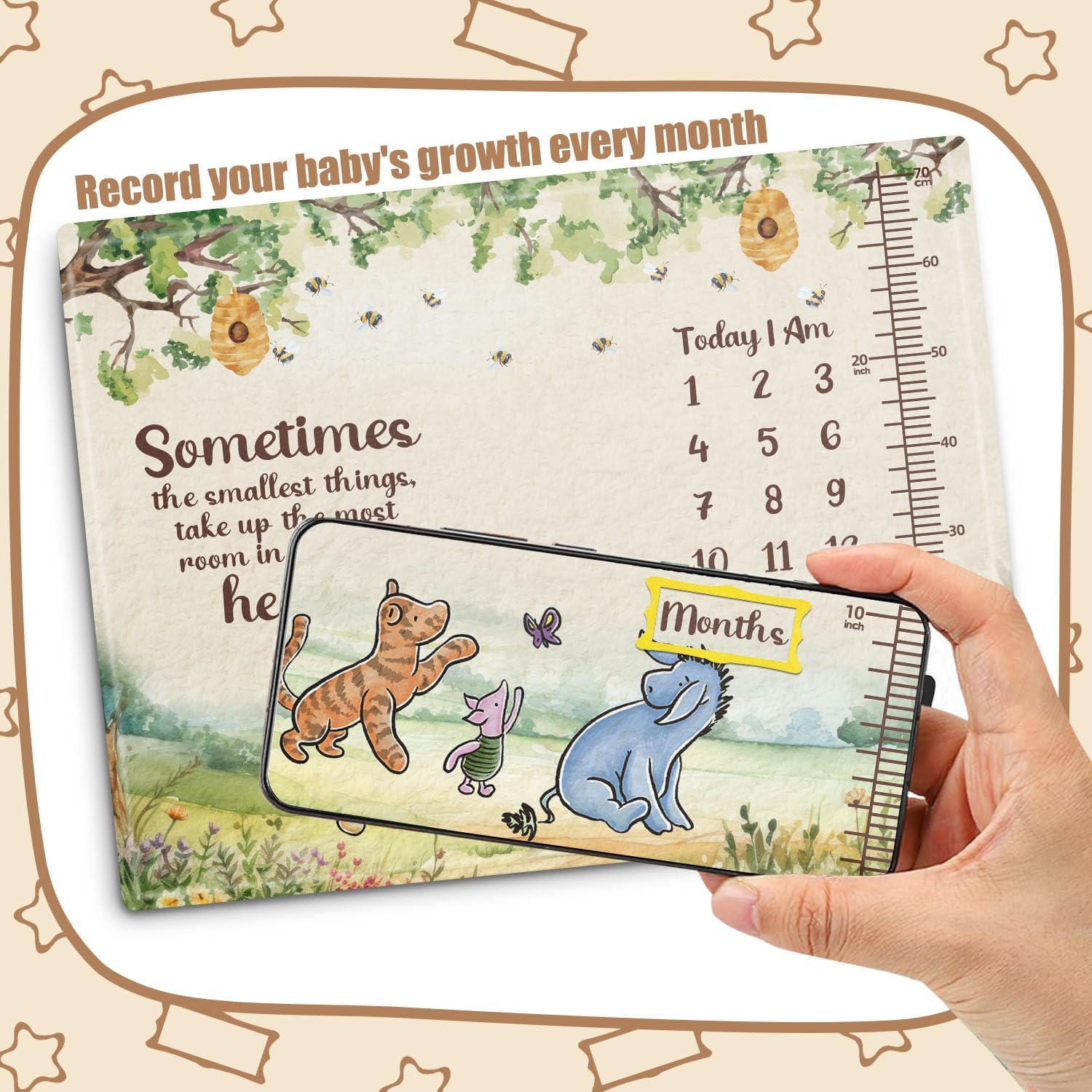 the Pooh Baby Monthly Milestone Blanket, Winnie Monthly Blanket Growth Chart, Winnie Quotes Decor with Double-Sided Printed Cardstock（16 Unforgettable Moments of Babies） 30 * 40in