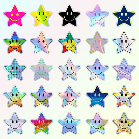 50PCS Smile Holographic Stickers, Star Stickers