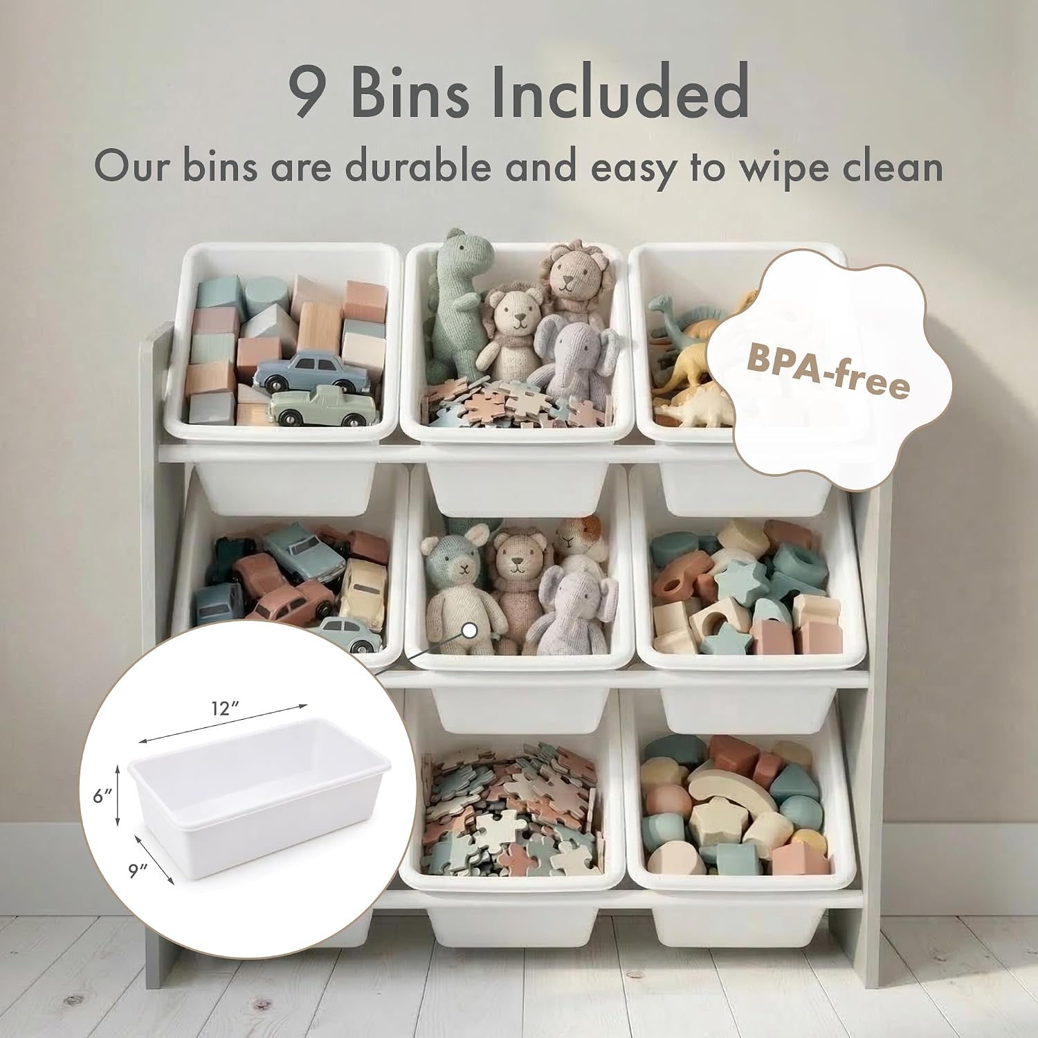 Humble Crew Kids Toy Organizer with 9 Bins, 3 Tier Storage for Playroom