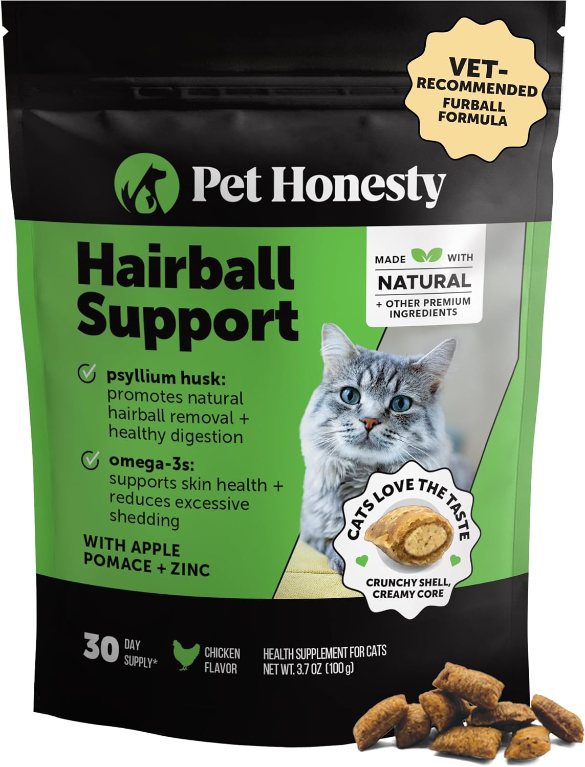 Cat Hairball Remedy Treats - Dual Texture Crunchy Creamy Hairball Treatment for Cats, Furball Relief Control Supplement with Fiber, Fish Oil for Indoor Cats Skin Coat Digestion (30-Day Supply)