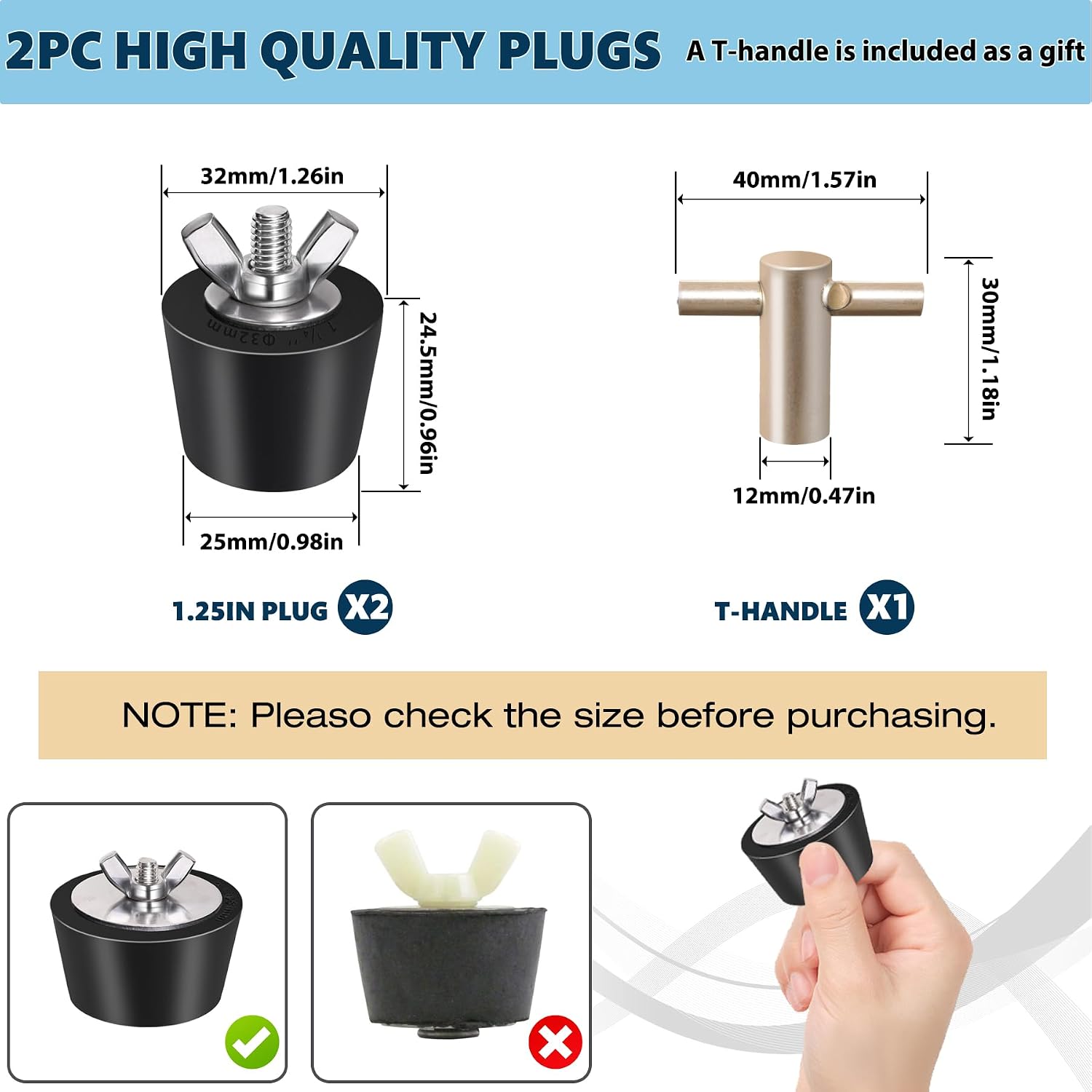 2 Pack Rubber Pool Winter Plugs with One T-Handle 1" – 1.25" Pool Winterizing Plugs with Stainless Steel Screws Pool Return Jet Plug Inground & Above Ground Skimmer Plug for Pools