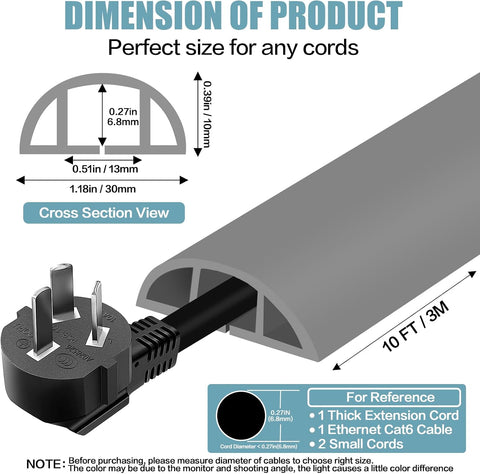 Floor Cord Cover Self Adhesive Cord Hider,10FT Cable Management, Extension Strip Protector for Wires, Prevent Cable Trips for Offices, Gyms, Exhibitions Cavity:0.39"(W) x 0.27"(H) Gray