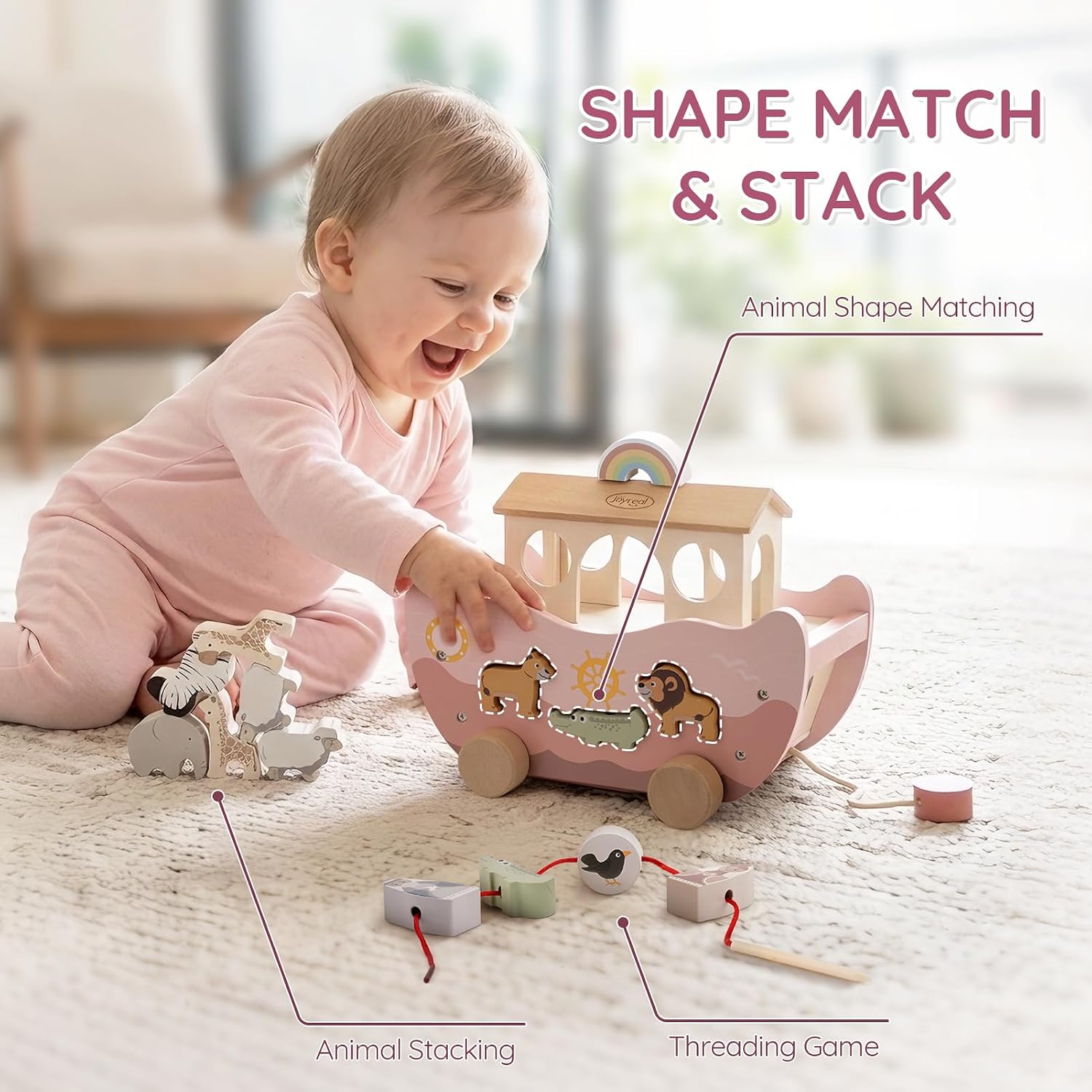 Joyreal Pink Wooden Noah's Ark Toy for 1 Year Old Baby Girl Baptism Gifts