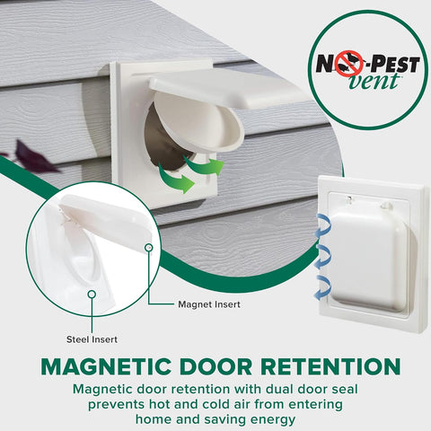 NO-PEST VENT Dual Door Dryer Vent Cover 4 Inch Outdoor, Made in USA, Highest UV-Resistant Plastic, No Lint-Collecting Screen (White, 4” Plastic Vent With Duct Tube)