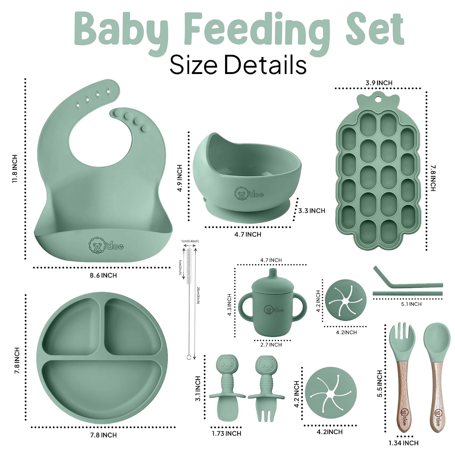 O'doe Baby Weaning Set – 15 Pcs Silicone Baby Feeding Set with Suction Plate, Bowl, Bib, Sippy Cup, Fruit Feeder & Freezer Tray – Baby Plates and Bowls Set for 3M+ | BPA-Free Baby Dishes & Utensils